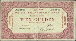 10 Gulden 1 Augustus 1914, Serie VIII-, No.03861.  A 1 1/2 cm tear on the right side, and the same size on the bottom, right under the "T" in "Tien". Also two other small tears.