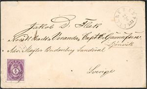 19 Ia. 4 skilling Posthorn på konvolutt til Sverige, stemplet "Lillesand 12.6.1873". På baksiden stemplet "Christiania 14.8.1873" samt svensk jernbanestempel.