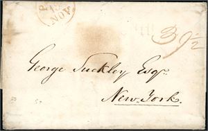 Entire, dated "St. Thomas 15 Aug 1831" and sent to New York. The rare postmark "Ship 39 1/2" (cents) in upper right corner and part of and other postmark on the left side. Ex. K. Klugman