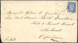 54 IV. 20 øres porto til Burma. 20 øre 20 mm på konvolutt til Amherst, Ostindien, stemplet "Tvedestrand 23.7.1892". På baksiden stemplet "Sea Post Office" og ankomststemplet "Moulmein Au.20 92".