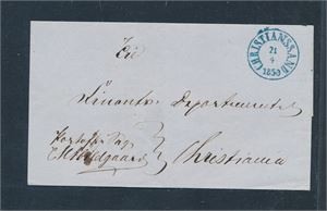 Portofritt prefrimbrev stemplet blått "CHRISTIANSSAND 21-4-1850". Uvanlig god kvalitet