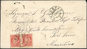 57. 20 øres porto til Mauritsius. To 10 øre fintagget Centraltrykkeriet på konvolutt, stemplet "Grimstad 6.4.94". Transitt- og ankomststemplet på baksiden.