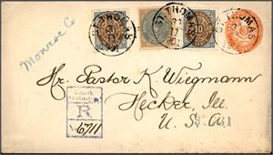 D.W.I. A 3c stationay envelope upfranked with 4c and two 10c, cancelled "St. Thomas 30.11.1901" and sent registered to U.S.A. "New York"-postmark at reverse.