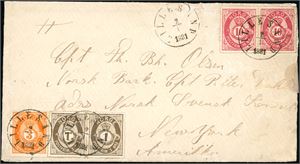 22,23,25. 25 øres porto til U.S.A. To 1 øre-, en 3 øre- og to 10 øre skravert Posthorn på konvolutt til New York, stemplet "Lillesand 2.1.1881". Ankomststempel på baksiden. Konvolutten har noen anmerkninger, som knapt sees fra forsiden.