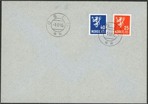 354,356. 25 øre- og 40 øre Løve på uadressert konvolutt, stemplet "Oslo 1.10.46". (2.700,-).