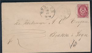 NK 25 på pent brev st "Stordøen 13-10-1878" til Brække i Sogn. Sidest "Bergen 18-10-1878"