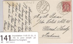 SL Strandløkken 9-VII-20 (SL, 8 pk HE) to pene avtrykk  på postkort fra Horgheim