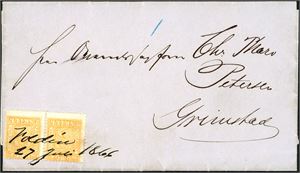 6. 2 skill i horisontalt par på komplett brev fra Christiania til Grimstad, anert med håndskrevet dampskipsnavn "Foldin 27 Juli 1866".