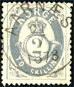 17 a. 2 skilling Posthorn, fullstemplet, nær rettvendt "Aarnæs 21.7.1873".