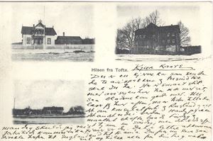 Tofte, hilsen fra.  3 motivers kort.  Brukt 21-2-05, udelt bakside.