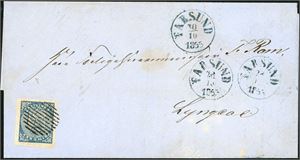 1. 4 skilling våpen 1855 på komplett brev, anert med riststempel, og ved siden 3 avtrykk av stempelet "Farsund". Hhv. to  "28.10.1855" og et "30.10.1855". Merket med gode marger i alle sider.