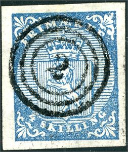 1. 4 skilling våpen 1855, anert med nummerstempel "2" (Aalesund). Gode- til normale marger.