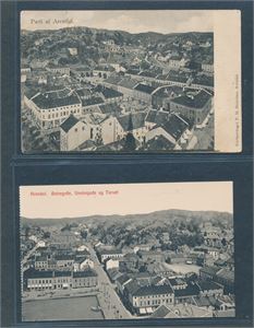 ARENDAL 2 kort med bilder tatt fra kirketårnet. 1 brukt i Danmark, det andre ubrukt