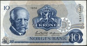 10 kroner 1974, serie QA 0332485. Erstatningsseddel. 01/1+