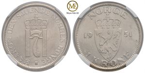 1 krone 1951 Haakon VII. Kv.0