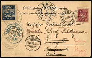 77,Spitsbergen E 2,E 3. To postkort, brukt i hhv. 1902 og 04, begge med et 10 øre posthorn og en Polar-post etikett (uten og med bindstrek). Det ene har i tillegg et 8-kantet stempel "Reise nach Spitzbergen mit dem Polarfahrer Capt. bade, Wismar i. Mecklbg.".