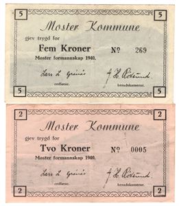 Nødsedler Moster kommune 1940. 2 og 5 kroner