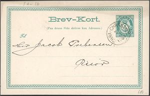24. To 5 øre skravert Posthorn på brev, stemplet "Chr.ania Chr-Sand 23.10.1879". Også to 5 øres Brev-Kort, med hhv. torings "Chra-Chr.sand" og enrings "Chra-Chrssand".
