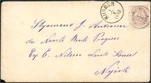 28. 25 øre skravert Posthorn på konvolutt, til New York, stemplet "Riisøer 2.2.1878". Baksiden med ankomststempel "New York Feb 24 Paid All".