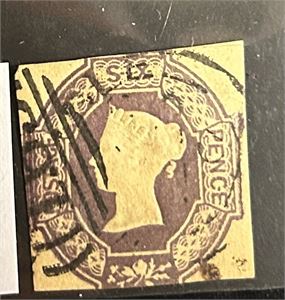 GB o SG 58, 6d mauve embossed issue. Innklipt oppe og nede, men ikke avklipte hjørner som er vanlig (£ 1000)
