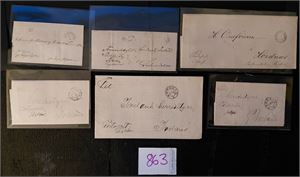 6 portofrie brev, 3 fra Christianssand 1863-74 og 3 fra Hordnæs til Iveland 1901-04