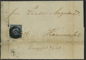 Håndskrevet "Komagfjord 3/6 63". Annullering på lite omslag med NK 4 som er meget svertete stpl. "157", både datert og annullert på stedet.  Brev til Hammerfest