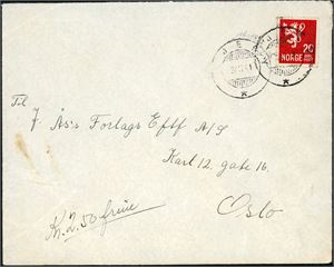 246. 20 øre Løve på konvolutt, annullert med hjelpestempel "Kjeøy 28.2.41" (NO). Konvolutten med noen flekker.