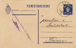 Hjelpestempel STØREN HJ-SL -8 IX 33 (Sør-Trøndelag) på tjenestebrevkort. Brukstid ca. 5 uker.