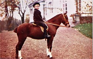 Postkort Kong Olav på hest.