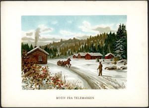 Liten kunstnermappe "Norge, 10 akvareller, Norske Kunstnere, John Fredriksons Forlag - Bergen". Mappen inneholder dessverre KUN 7 bilder (98 ' 143mm) av kartong-/overrekkesleskort. 4 med et lite knappenålshull oppe.