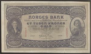 1000 Kroner 1939 A Kv 1/1+. Rift nede*