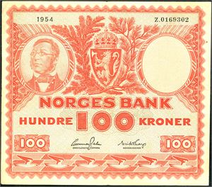 100 kroner 1954, serie Z.0169302. Erstatningsseddel. Et ørlite hakk oppe på midten (mindre enn en 172mm, og en 1mm rift i venstre kant. 1-