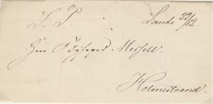 Prefil Prefilbrev håndskrevet Sande 22/12 (1851) sendt til Holmestrand. Kartering 8 og porto 4 (skilling) på baksiden