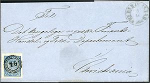 1. 4 skilling våpen 1855 på brevomslag, annullert med nummerstempel "76" og ved siden stemplet "Frederikstad 3.10.1856". Merket med gode marger. Attest FCM.
