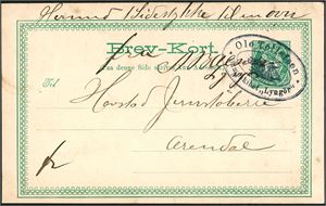 5 øre Brev-kort, annullert med det private stempelet "Ole Tellefsen, Dampskibet "Lyngør"", og sendt fra Lyngør til Arendal i august 1889.