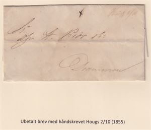 Håndskrevet Hougs 2/10 (1855) på ubetalt brev til Drammen.