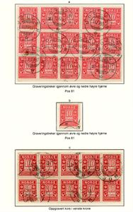 P 3 a,c. 10 øre "at betale" fra Centraltrykkeriet. En 15-blokk i rosa farge og en 10-blokk i rød farge. Begge stemplet "Moelven".