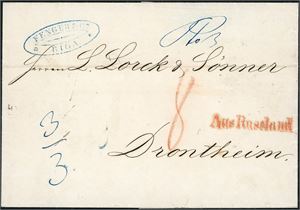Ufrankert brevomslag, datert "Riga 10. April 1858", og sendt til Trondhjem. Stemplet "Aus Russland" på forsiden og "Riga 29 Martz 1858", "Köningsberg Bromberg" og "KDOPA Hamburg" på baksiden. Satt i porto med 32 skilling.