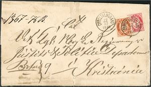 18,20. 9 skillings innenlandsporto. 3 skilling- og 6 skilling Posthorn på trippelvektig brevomslag, stemplet "Christianssand 12.10.1876". Omslaget med noen anmerkninger.