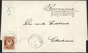 21. 7 skilling Posthorn på rekommandert brevomslag, stemplet "Riisøer 3.7.1875". Attest L. Nielsen.