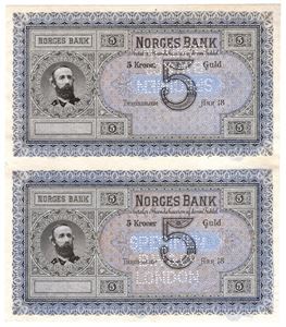 5 kroner 1876-77 Oscar II Specimen, 2 sedler i ark. Kv.0