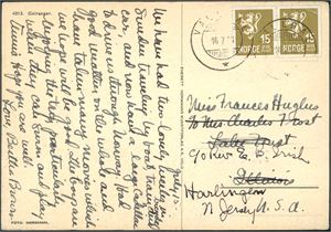 To 15 øre Løve på postkort, annullert med hjelpestempel "Valldal 16.7.48" (MR)