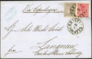 7,15. 11 skillings porto til Sveits. 3 skill og 8 skill 8 på brevomslag til Langnau, stemplet "Christiania 30.7.1869". Påskrevet "via Copenhagen" på forsiden. "Sandøsund", "Kiel-Hamburg" og ankomststempel på baksiden. En horisontal arkivbrett berører ikke merkene.