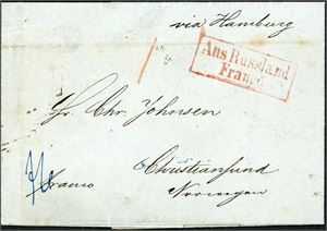Komplett trykksak, stemplet "Aus Russland Franco" på forsiden og "Riga 22 Juni 1859" på baksiden, og sendt ufrankert til Christianssund. Baksiden også med tysk jernbanestempel "Köningsberg-Bromberg 6 7" samt "KDOPA Hamburg".
