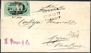 DWI. 1/- green (pl 12) in horizontal pair on cover from Guayaquil, Equador, cancelled "C 41" and transitt postmark "Panama 20J 1877 Transit" at side together with a Mexican postage postmark "25cs". "Cuayaquil Ja 15 1877 A" and "St. Thomas Ja 28 77" at reverse.