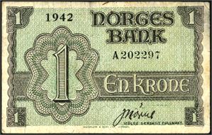 1 krone London 1942, serie A 202297. Noe "skitten" i papiret. 2