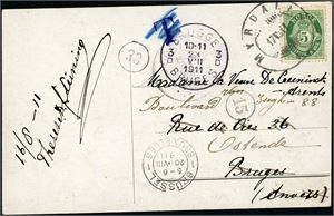 99. 5 øre Posthorn på postkort, annullert med hjelpestempel "Myrdalen 17.8.11" (SF) og sendt til Belgia. Påstemplet "T"  som er overstrøket.