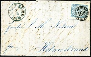 1. 4 skilling Våpen 1855 på komplett brev, annullert med nummerstempel 169" og ved siden stemplet "Langesund 8.8.1856". Merket med gode marger.