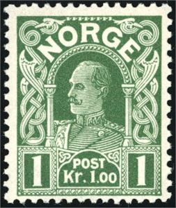 110 IIa. 1 kr Haakon i blålig grønn nyanse på hvitt papir. Attest FCM. (6.000,-).