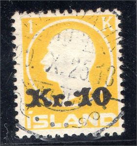 ISLAND 1924-26 F123 Jón Sigurdsson och Frederik VIII 10kr på 1kr, intyg L. Nielsen, "genuine and without repairs". (F 6 000:-)